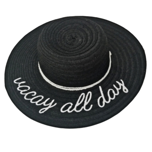 Accessories - Novelty Straw Hat Vacay all day Black white script